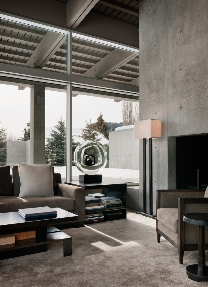 Repräsentatives, Fernseherloses Modernes Wohnzimmer mit Teppichboden, Tunnelkamin und Kaminumrandung aus Beton in Seattle