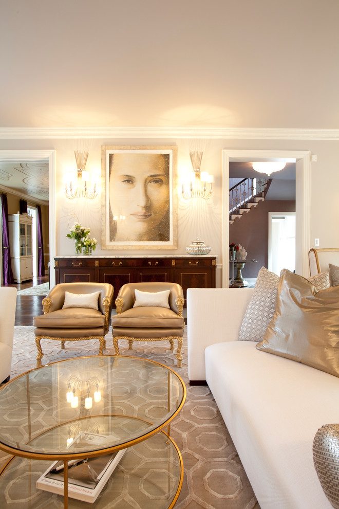 Huge transitional enclosed living room photo in Houston with gray walls