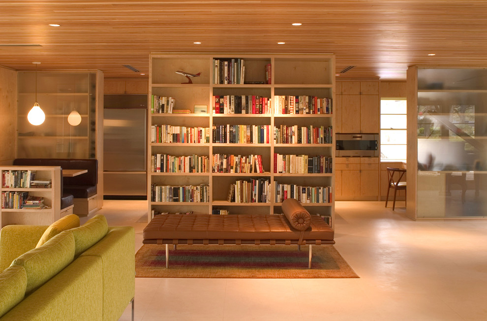 Modern open plan living room in Austin with limestone flooring.