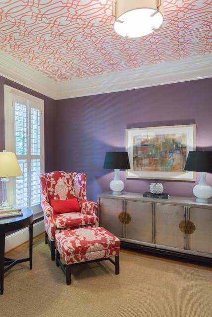 Living room - mid-sized eclectic beige floor living room idea in Charlotte with purple walls