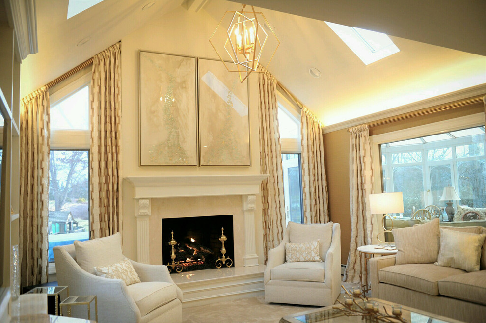 Design ideas for a medium sized classic formal enclosed living room in New York with beige walls, carpet, a standard fireplace, a stone fireplace surround, no tv and beige floors.
