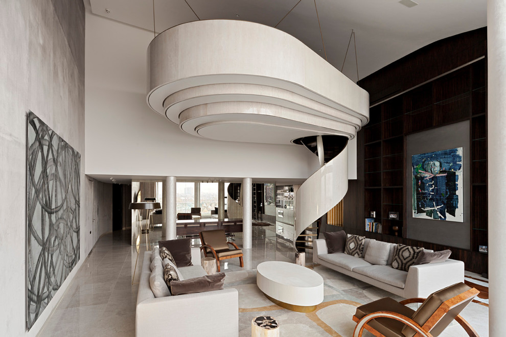 Источник вдохновения для домашнего уюта: парадная гостиная комната в современном стиле с коричневыми стенами и мраморным полом