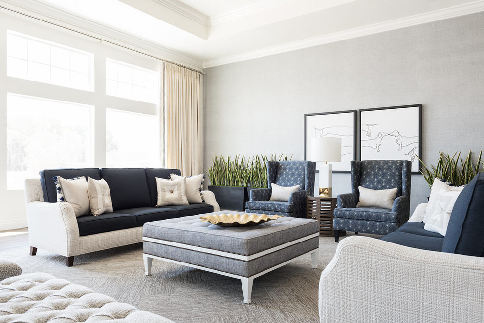 Свежая идея для дизайна: парадная гостиная комната в стиле неоклассика (современная классика) с серыми стенами - отличное фото интерьера