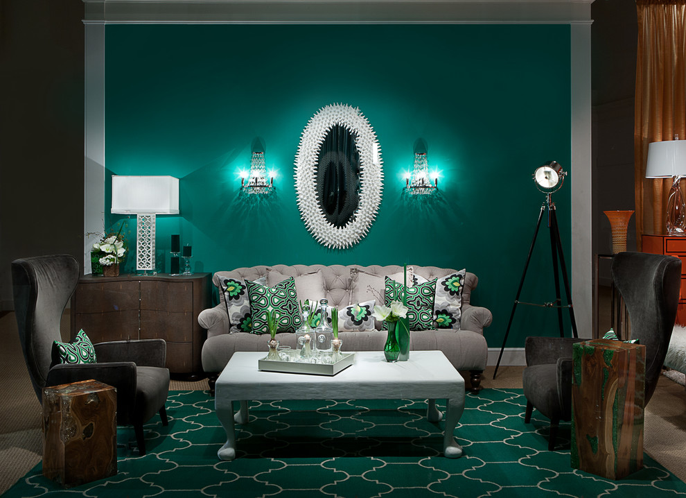 Inspiration för moderna vardagsrum, med gröna väggar och heltäckningsmatta