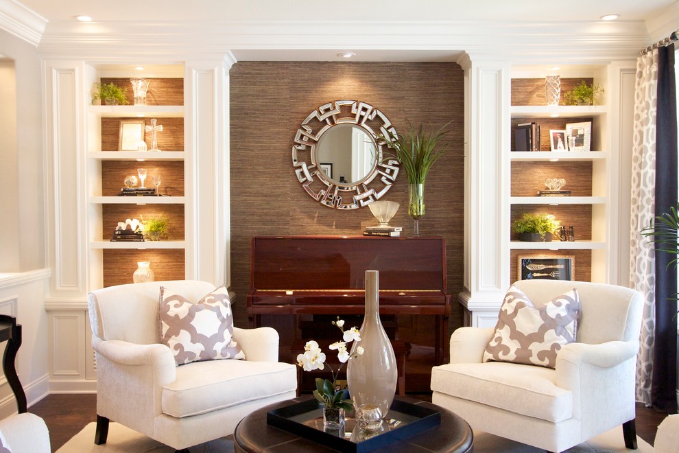 Example of a transitional living room design in San Diego