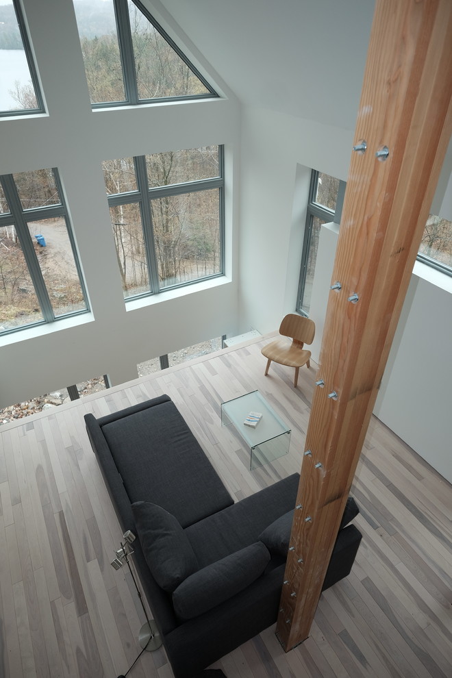Photo of a medium sized modern mezzanine living room in Ottawa with white walls, light hardwood flooring, no tv and white floors.