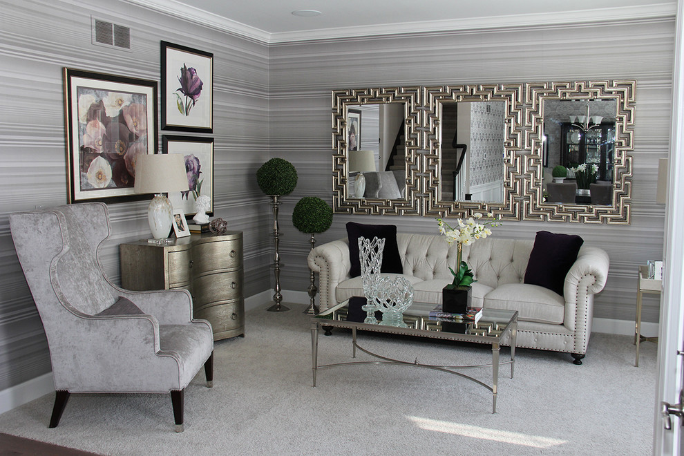 На фото: парадная, открытая гостиная комната в современном стиле с серыми стенами и ковровым покрытием без телевизора