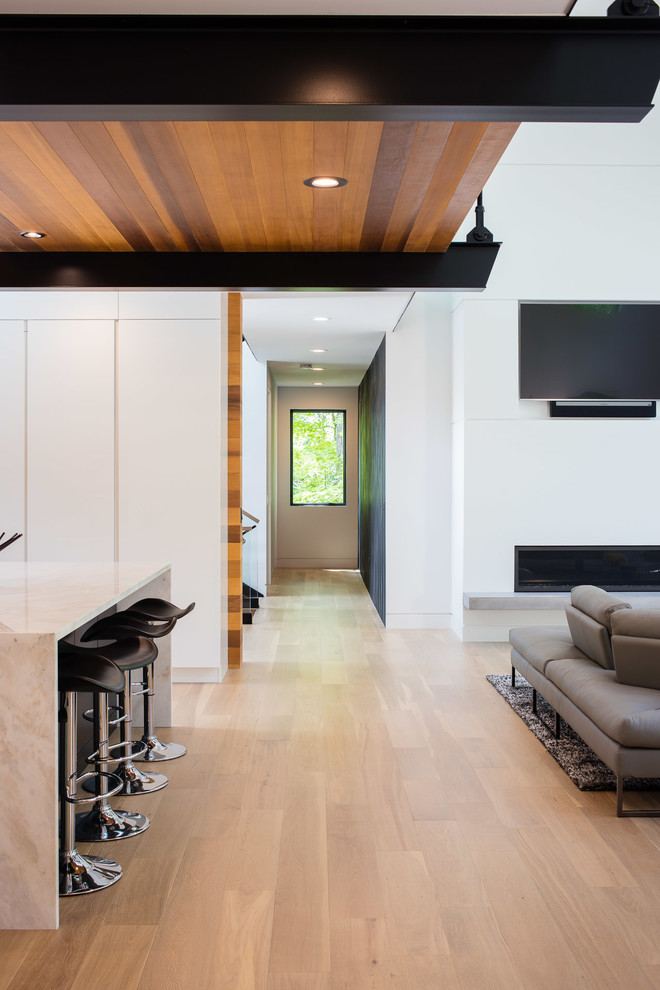 Источник вдохновения для домашнего уюта: большая открытая гостиная комната в современном стиле с белыми стенами, горизонтальным камином и телевизором на стене