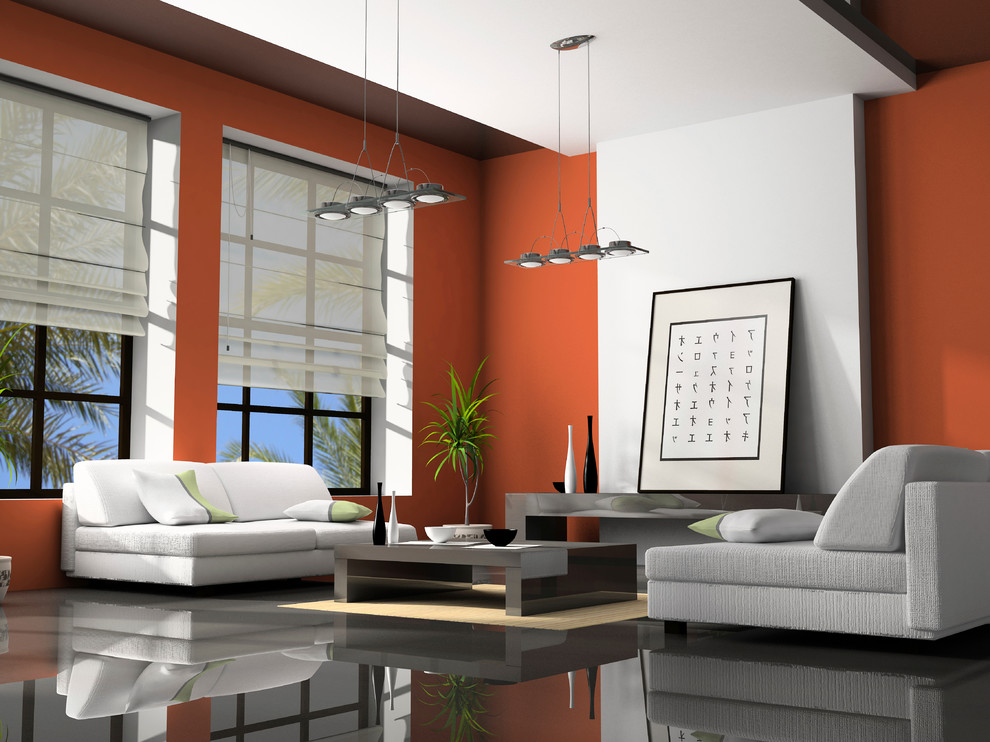 Living room - large zen formal and open concept laminate floor and black floor living room idea in Detroit with red walls, no fireplace and no tv