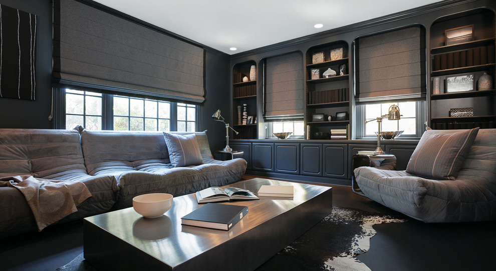 Example of a mid-sized transitional formal and enclosed dark wood floor and brown floor living room design in Seattle with gray walls, no fireplace and no tv