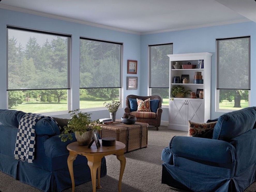 Mittelgroßes, Repräsentatives, Fernseherloses, Abgetrenntes Klassisches Wohnzimmer mit blauer Wandfarbe, Teppichboden und grauem Boden in Santa Barbara