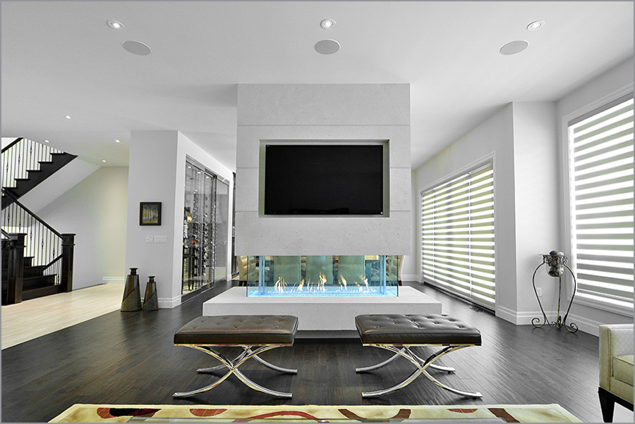 Стильный дизайн: огромная парадная, изолированная гостиная комната в стиле неоклассика (современная классика) с бежевыми стенами, темным паркетным полом, двусторонним камином и фасадом камина из бетона без телевизора - последний тренд