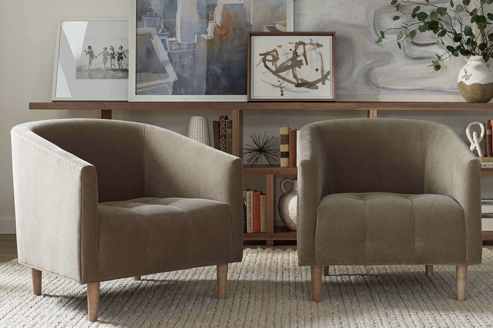 Inspiration for a small contemporary formal and open concept medium tone wood floor and brown floor living room remodel in Denver with white walls, no fireplace and no tv