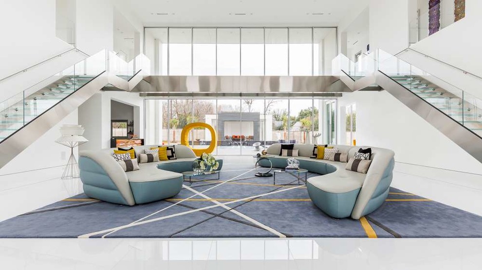 Design ideas for a contemporary formal open plan living room in Dallas with white walls.