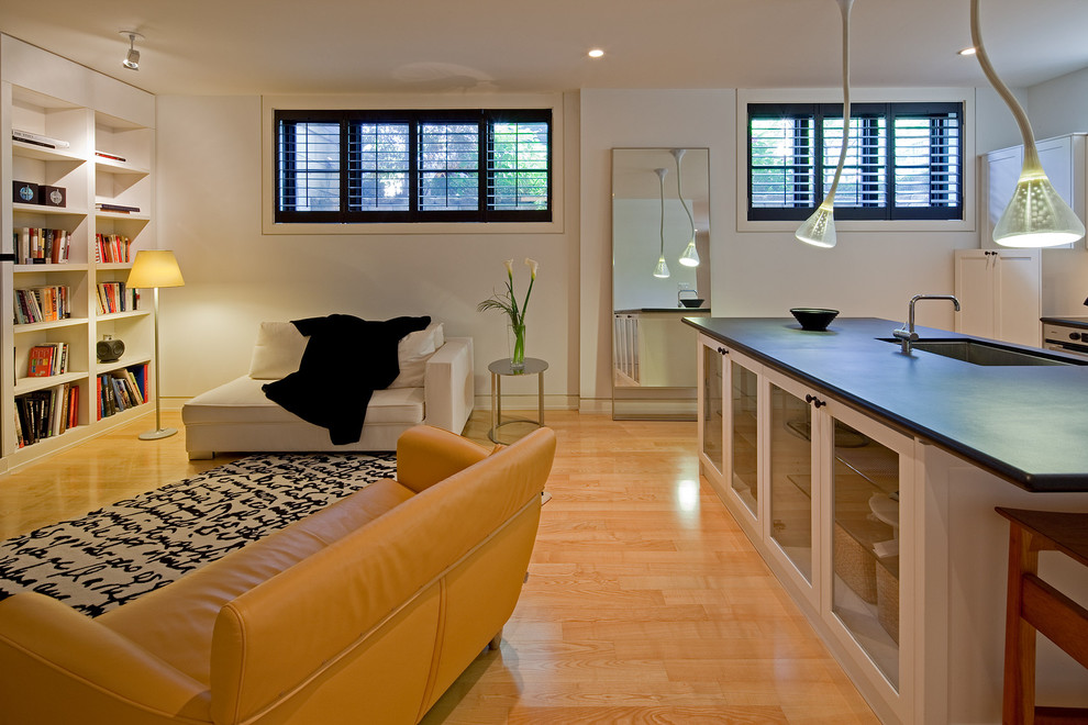 Modernes Wohnzimmer mit weißer Wandfarbe und hellem Holzboden in Toronto