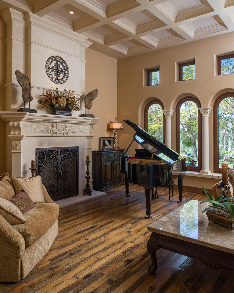 This is an example of an expansive mediterranean formal open plan living room in San Diego with medium hardwood flooring, a standard fireplace and a plastered fireplace surround.