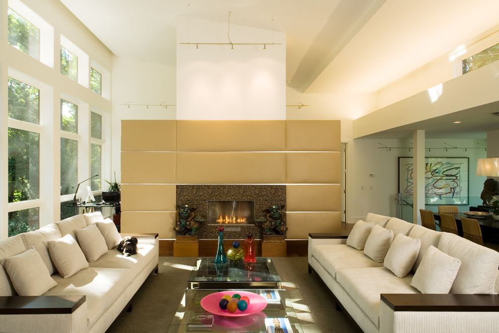 Photo of a contemporary formal open plan living room in Detroit with beige walls and a ribbon fireplace.