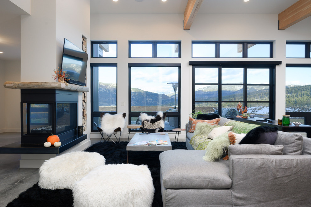 Immagine di un soggiorno scandinavo aperto con pareti bianche, pavimento in cemento, camino bifacciale e TV a parete