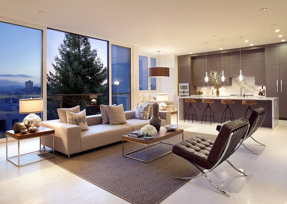 Свежая идея для дизайна: открытая гостиная комната в стиле модернизм - отличное фото интерьера
