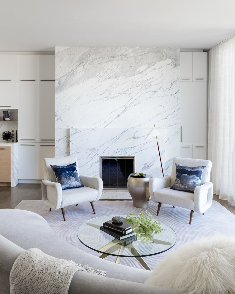Foto de salón minimalista con paredes blancas, todas las chimeneas y marco de chimenea de piedra