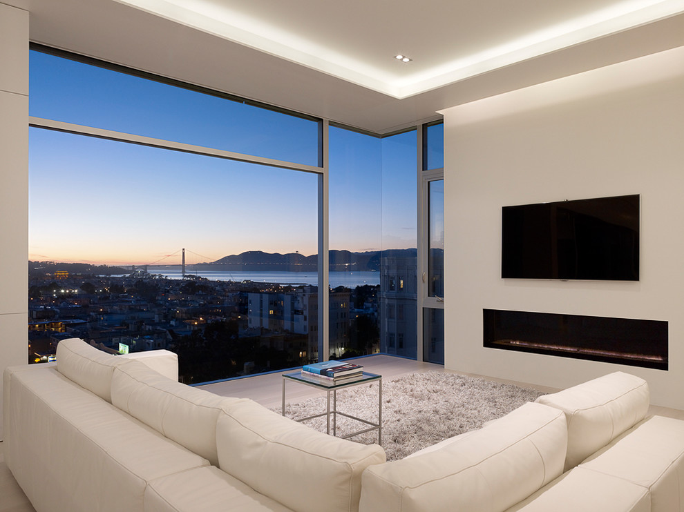 Photo of a medium sized modern open plan living room in San Francisco with white walls, light hardwood flooring, a ribbon fireplace, a metal fireplace surround and a wall mounted tv.