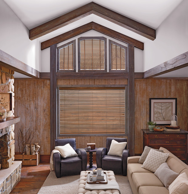 Rustic Brown Living Room Custom Window Wood Blinds by Hunter Douglas