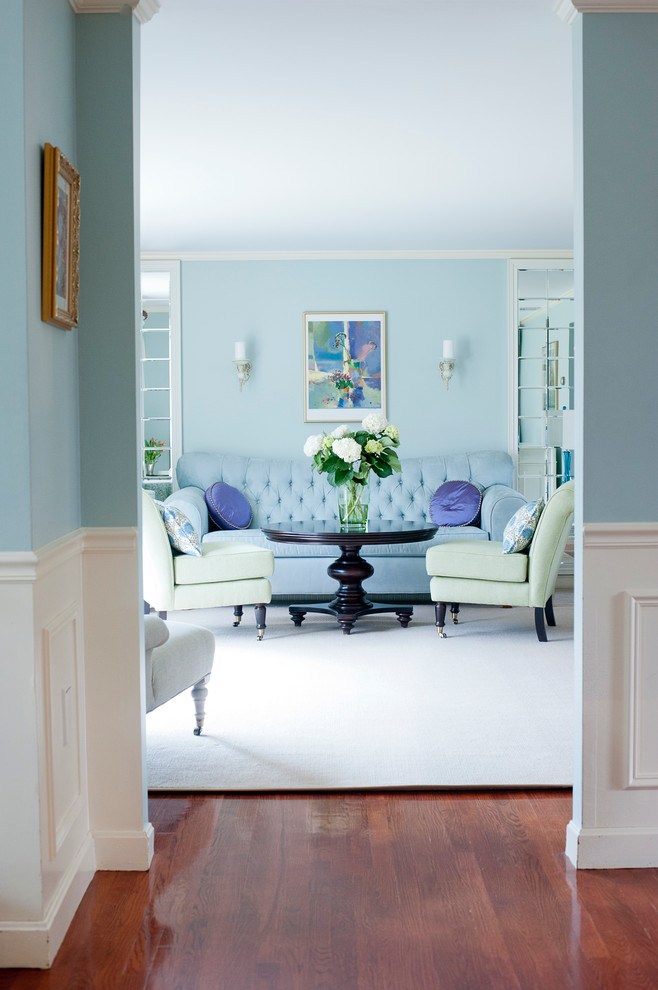 Inspiration för ett vintage vardagsrum, med blå väggar