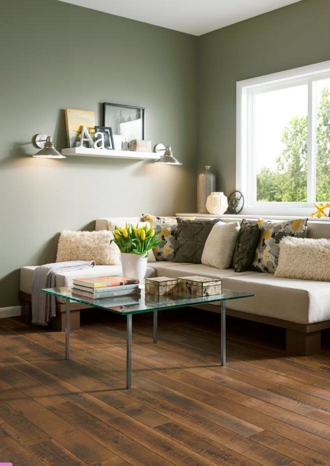 Cette image montre un salon chalet de taille moyenne et ouvert avec une salle de réception, un mur vert et un sol en bois brun.