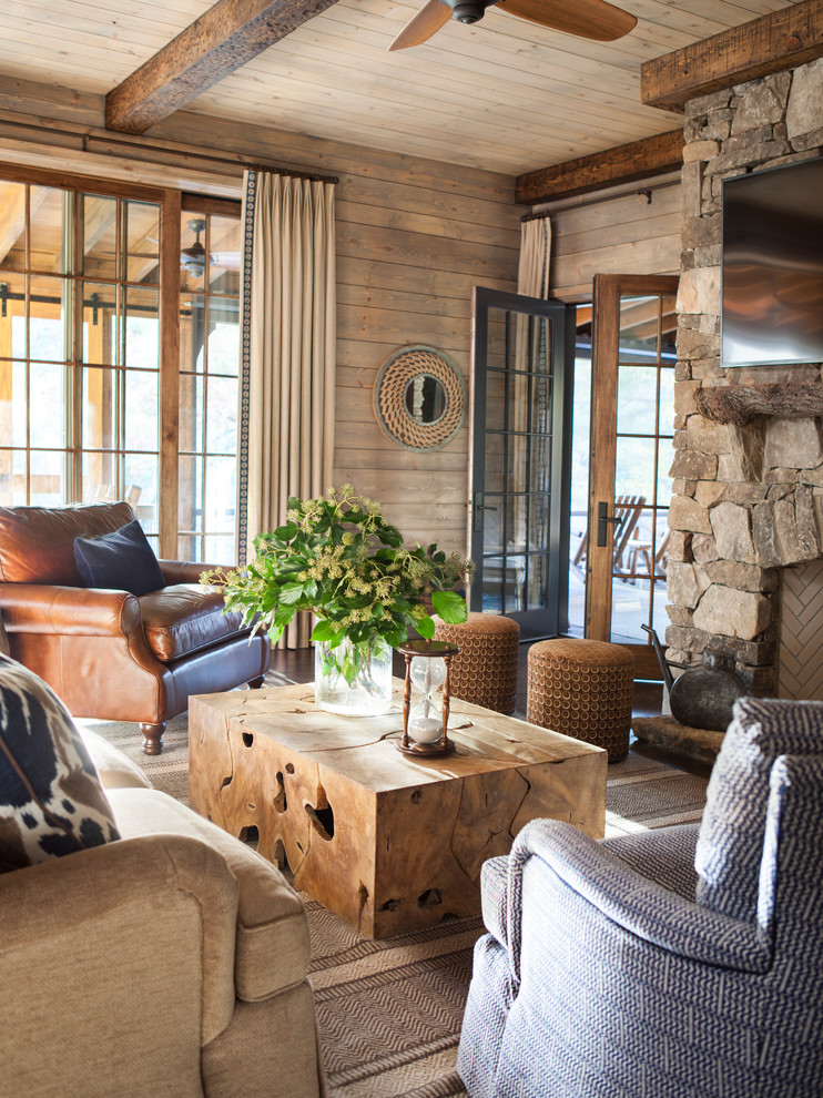 Rustic enclosed living room curtain in Other with a standard fireplace and a tiled fireplace surround.