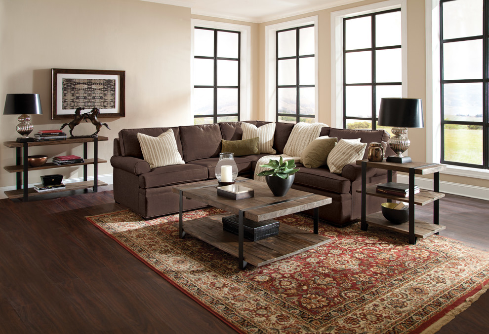 Rustic Reclaimed Wood Furniture with Neutral Brown Sofa Industrial