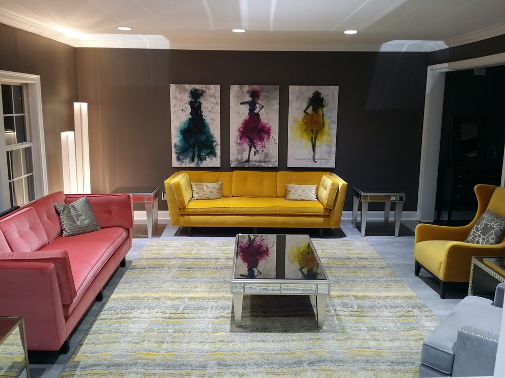 Mittelgroßes, Repräsentatives Modernes Wohnzimmer mit grauer Wandfarbe und Vinylboden in Atlanta
