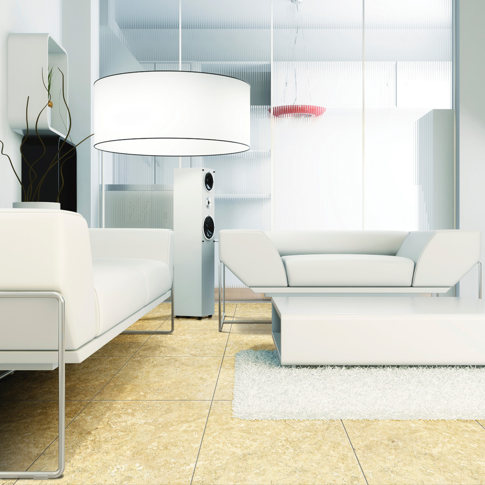 Immagine di un soggiorno moderno di medie dimensioni e chiuso con pareti bianche e pavimento in marmo
