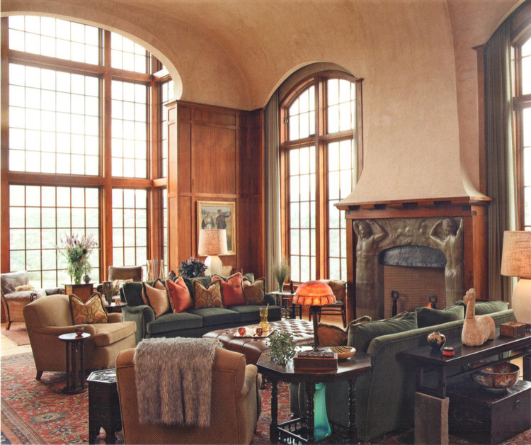 Example of a large classic formal and open concept light wood floor living room design in Denver with a standard fireplace, a stone fireplace, no tv and beige walls