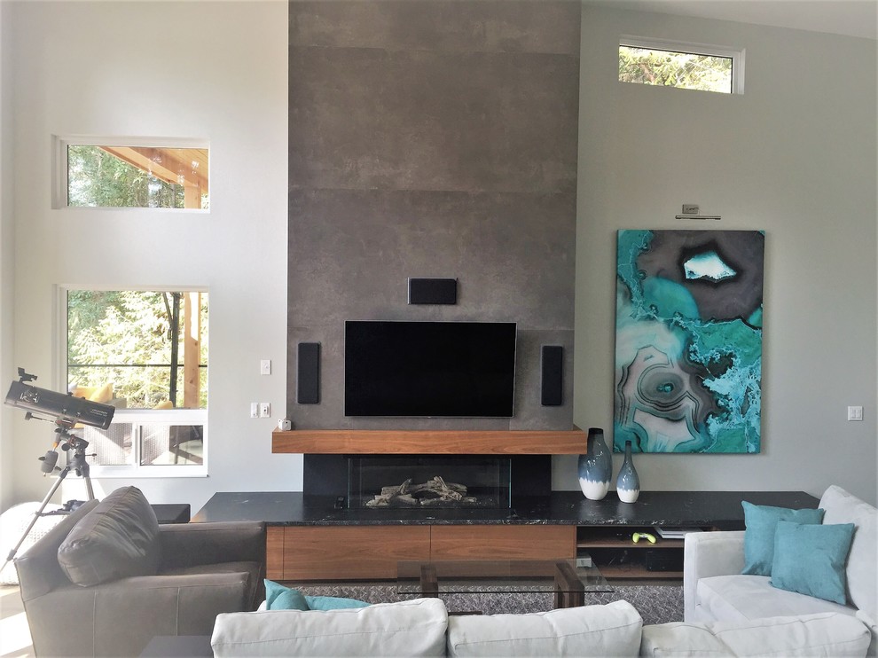 Inspiration for a large contemporary open concept medium tone wood floor and brown floor living room remodel in Vancouver with white walls, a ribbon fireplace, a tile fireplace and a wall-mounted tv