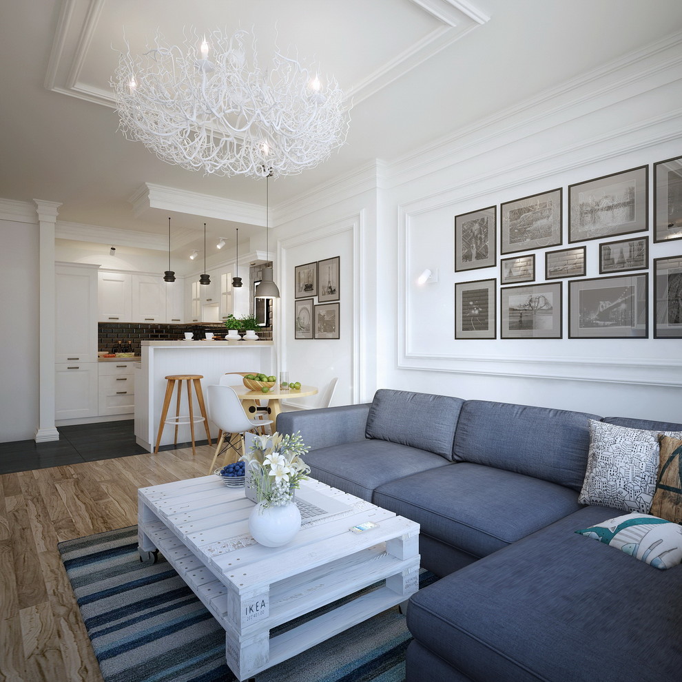 Example of a trendy living room design in Birmingham with white walls