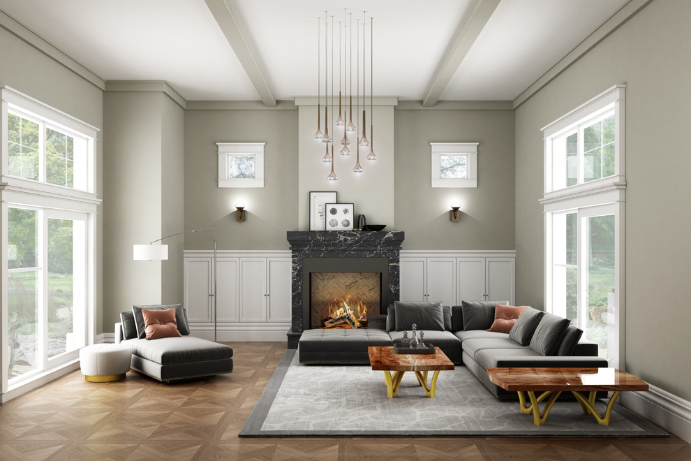 Immagine di un soggiorno design di medie dimensioni e aperto con sala formale, pavimento in legno massello medio, stufa a legna e nessuna TV