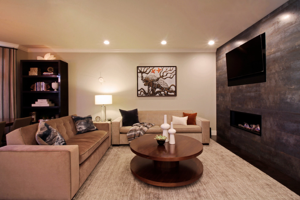 Photo of a medium sized contemporary open plan living room in San Francisco with grey walls, a wall mounted tv, dark hardwood flooring, a ribbon fireplace, a concrete fireplace surround and brown floors.