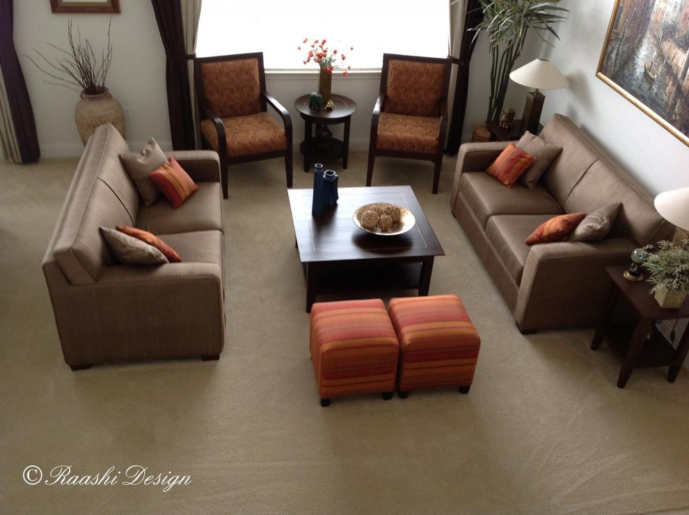Example of a mid-sized trendy formal and open concept carpeted living room design in San Francisco with white walls