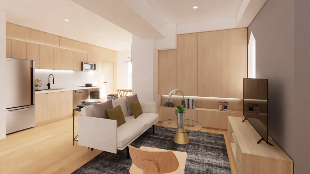 Kleines, Offenes Modernes Wohnzimmer ohne Kamin mit weißer Wandfarbe, hellem Holzboden, freistehendem TV und beigem Boden in Toronto