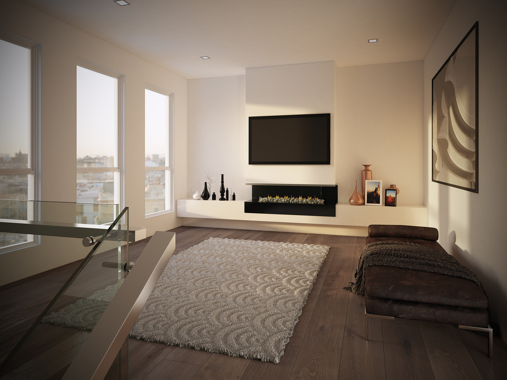 Design ideas for a medium sized modern mezzanine living room in Melbourne with white walls, light hardwood flooring, a standard fireplace, a plastered fireplace surround and a wall mounted tv.