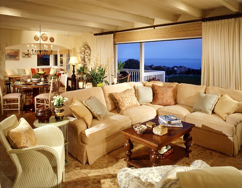 Coastal formal open plan living room in Los Angeles with beige walls.
