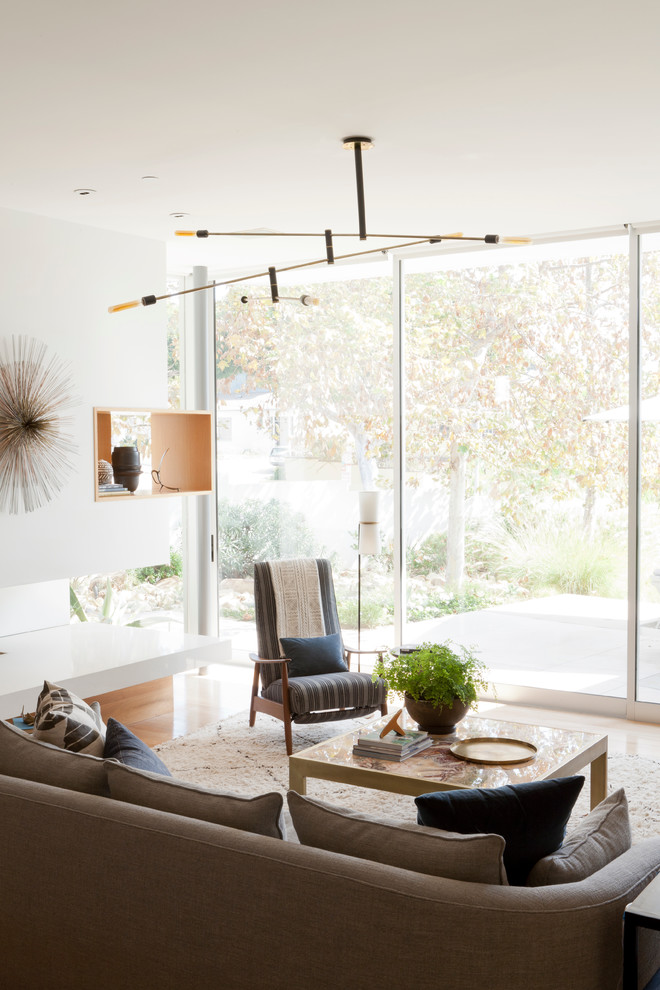 Ispirazione per un soggiorno minimalista con pavimento in legno massello medio e pareti bianche