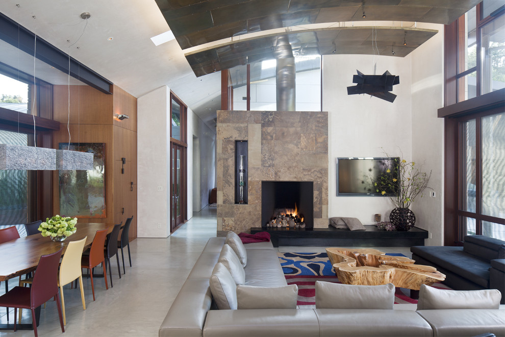 Immagine di un soggiorno minimal con pareti bianche, TV a parete e tappeto
