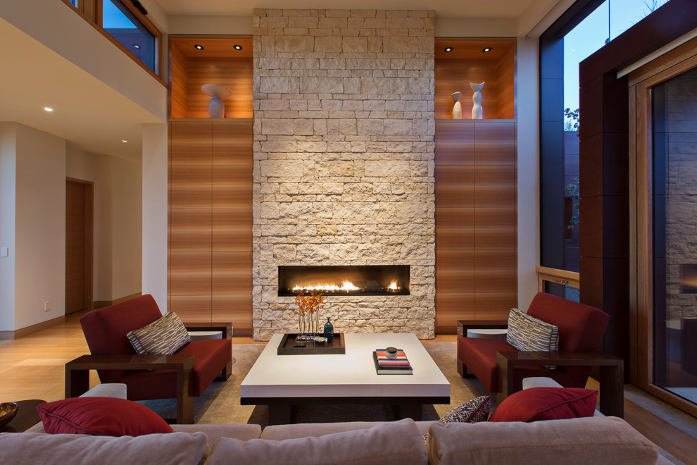 Diseño de salón para visitas contemporáneo sin televisor con paredes blancas, suelo de madera en tonos medios, chimenea lineal y marco de chimenea de piedra