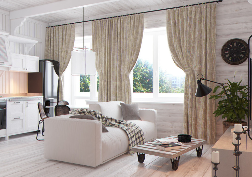 Idee per un piccolo soggiorno minimalista aperto con sala formale, pareti beige e TV a parete