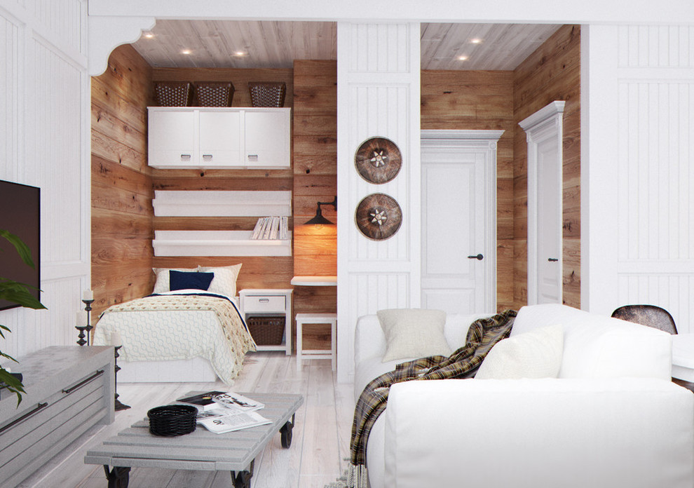 Idee per un piccolo soggiorno minimalista aperto con sala formale, pareti beige e TV a parete