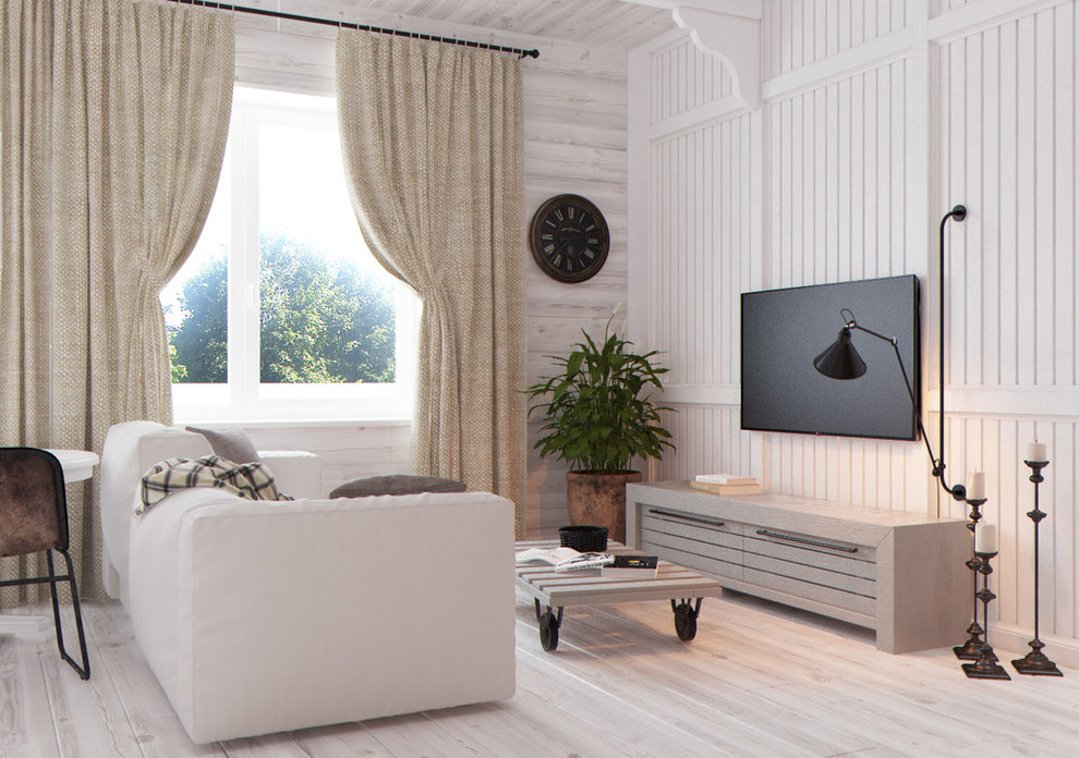 Inspiration for a small modern formal open plan living room in New York with beige walls and a wall mounted tv.