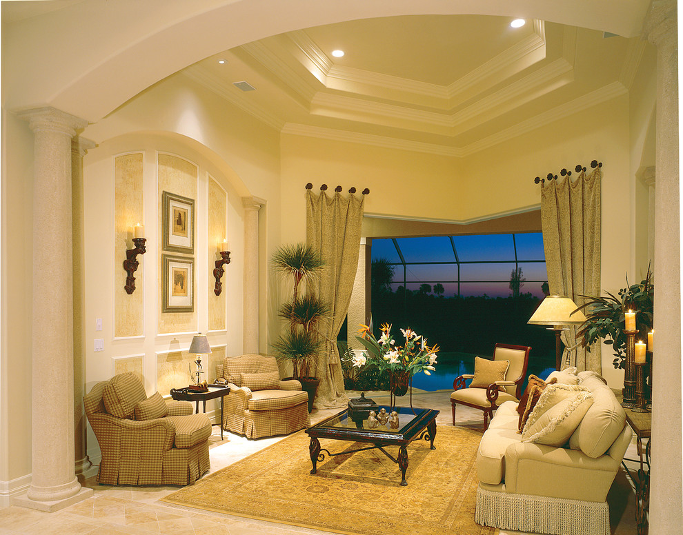 Large tuscan formal and enclosed travertine floor living room photo in Miami with beige walls, no fireplace and no tv