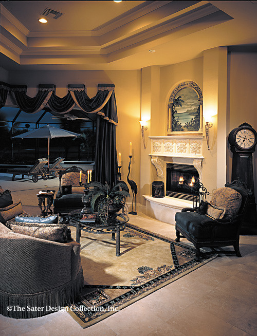 Пример оригинального дизайна: большая парадная, открытая гостиная комната в средиземноморском стиле с бежевыми стенами, полом из травертина, стандартным камином и фасадом камина из камня без телевизора