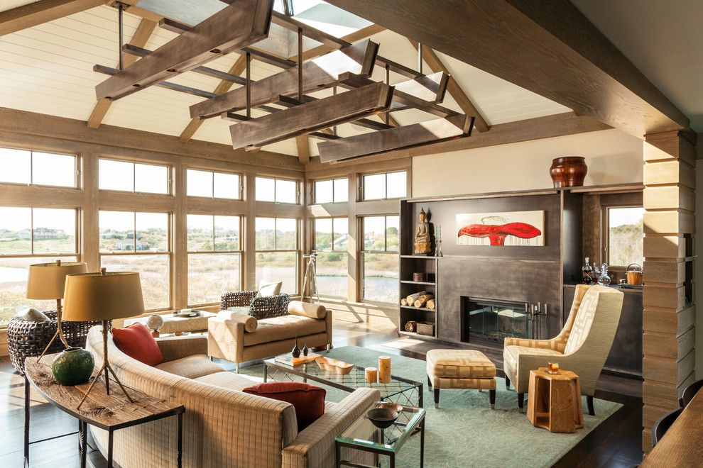 Large contemporary formal open plan living room in Boston with beige walls, dark hardwood flooring, a ribbon fireplace, a metal fireplace surround, no tv and brown floors.